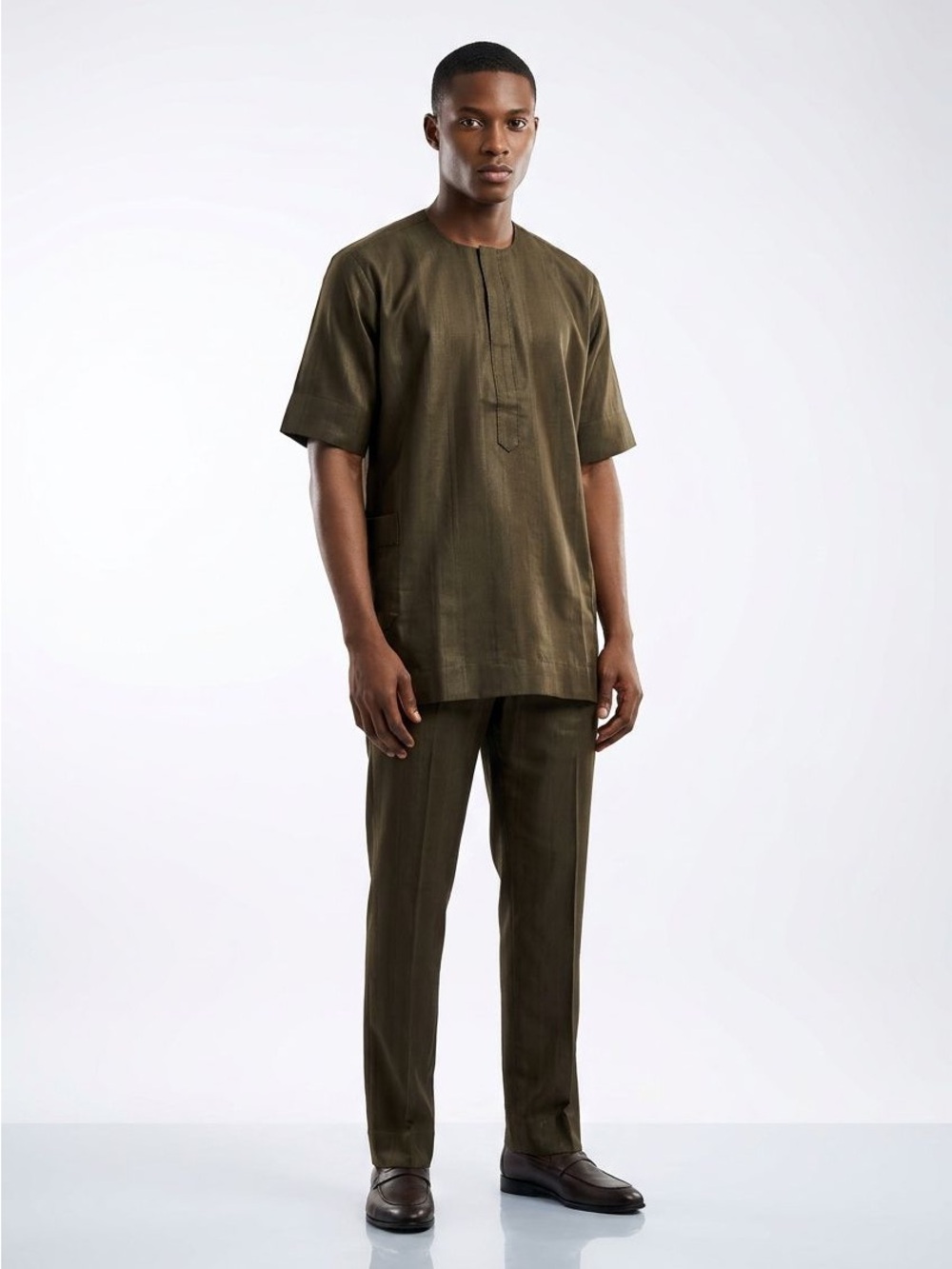 Men's Olive Short-Sleeve Tunic and Trouser Set